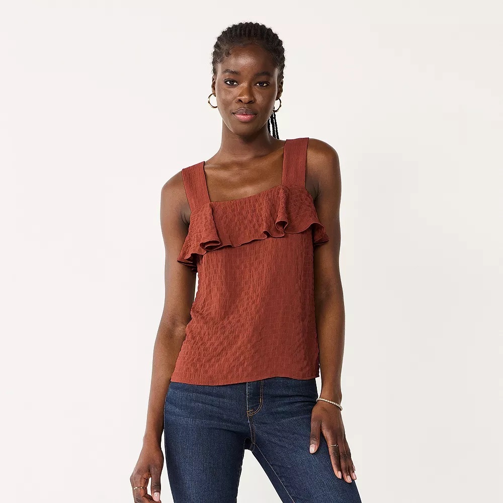NINE WEST Red Rust Rusty Copper Ruffled Tank Top Women's Large L EUC